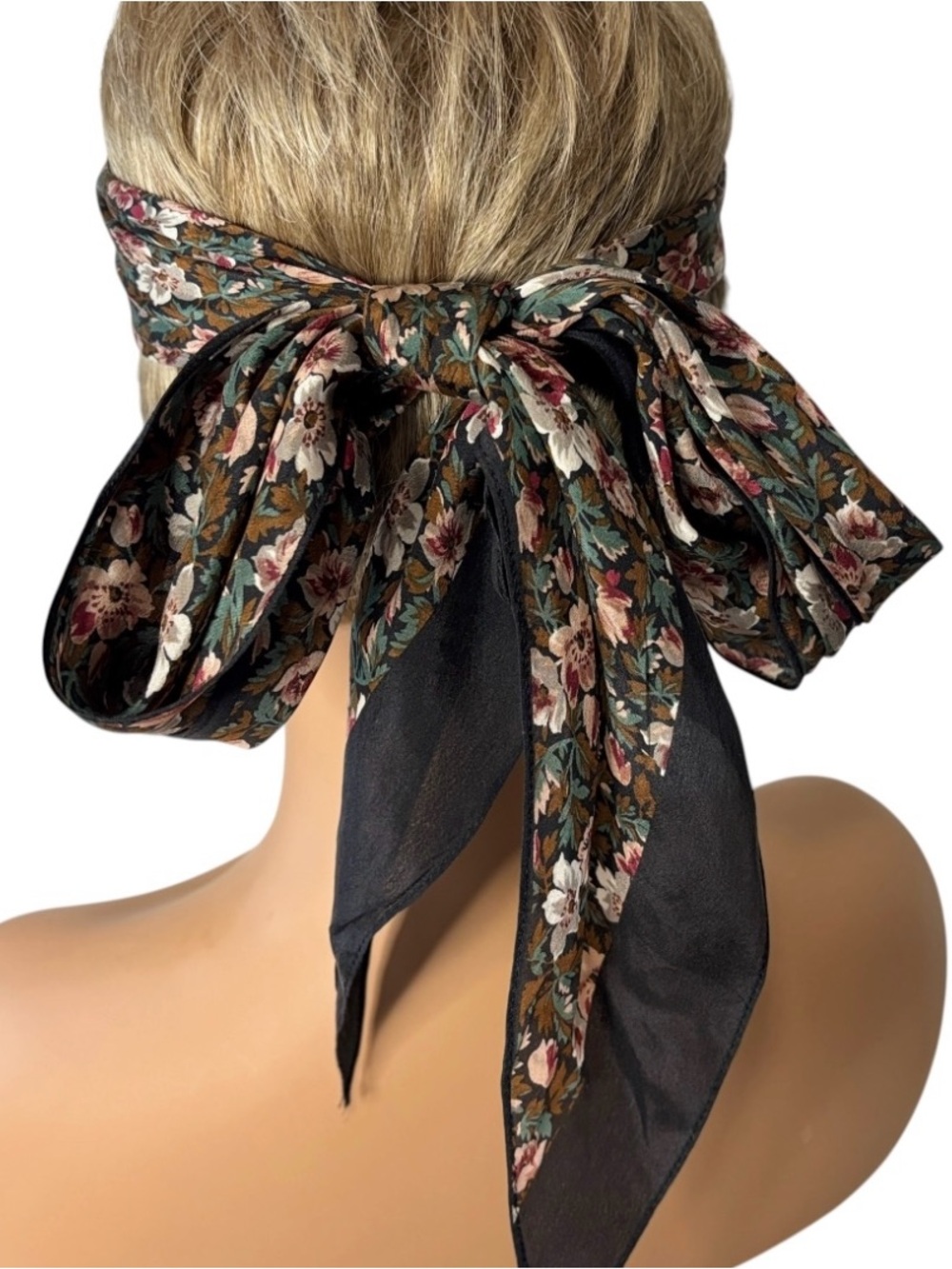 Vintage Floral Silk Feel Large Bow Hair Scarf Headband Echo Club 7